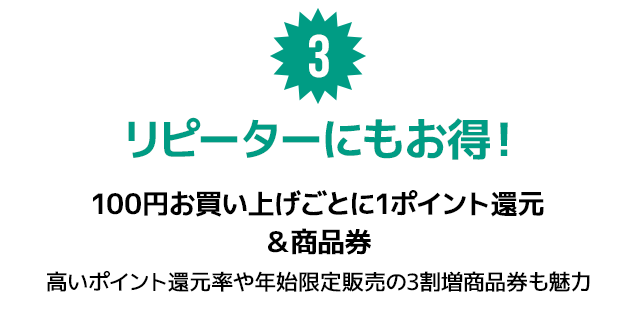 3.リピーターにもお得！3%ポイント還元＆商品券。業界の中で飛び抜けて高いポイント還元率や年始限定販売の3割増商品券も魅力。